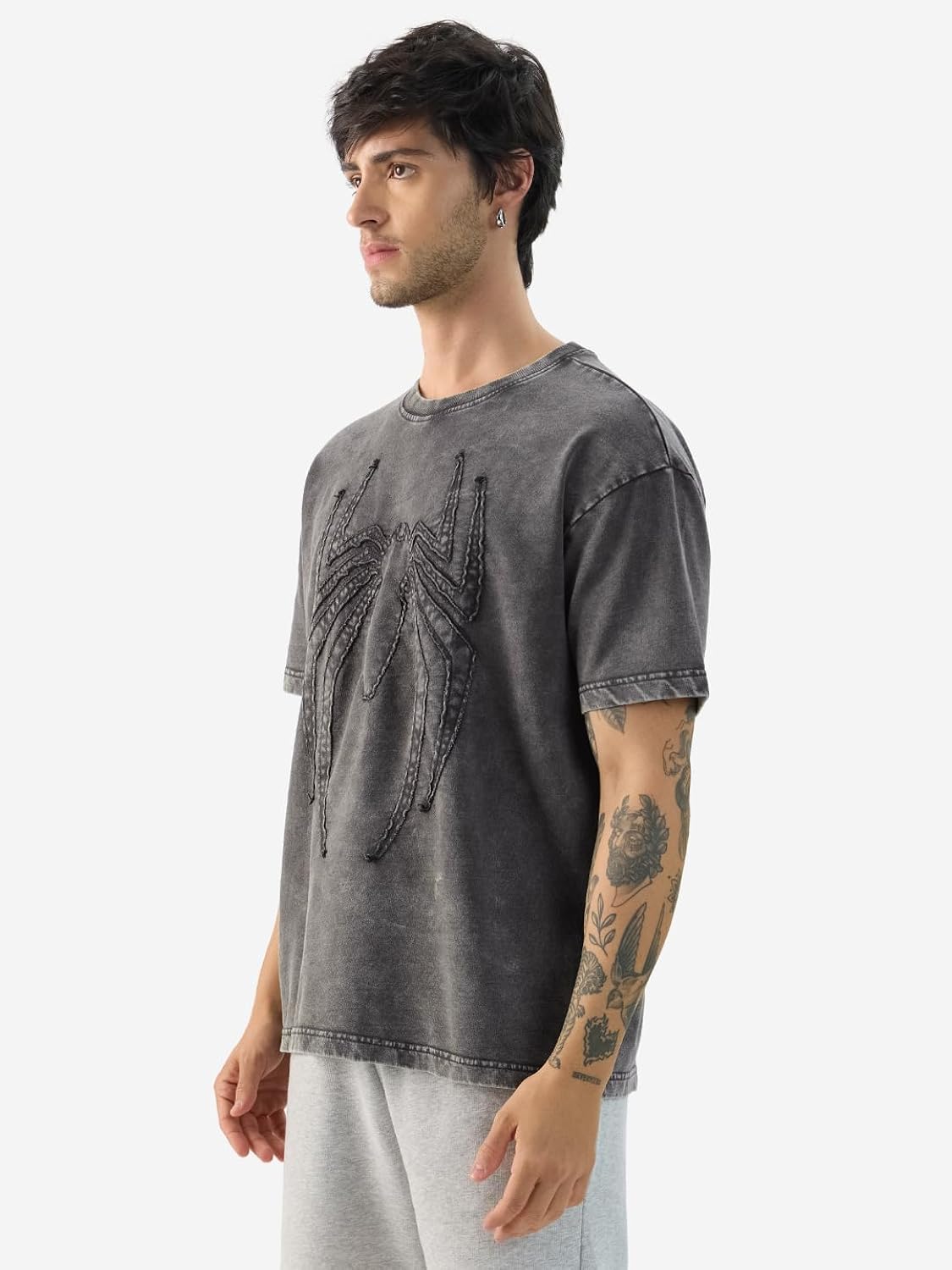 The Souled Store Official Spider-Man: Midnight Men and Boys Short Sleeve Round Neck Grey Textured Cotton Oversized T-Shirts