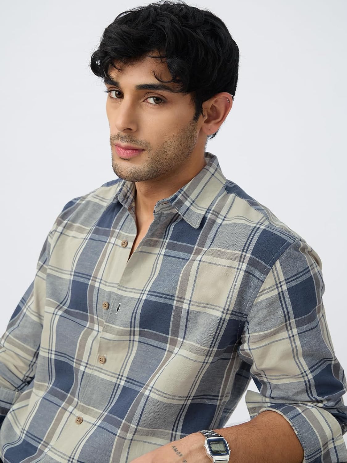 The Souled Store Cotton-Linen Shirts: Blue Topaz Men and Boys Long Sleeve Collared Neck Button Front Blue Plaid Regular Fit Cotton Linen Shirts