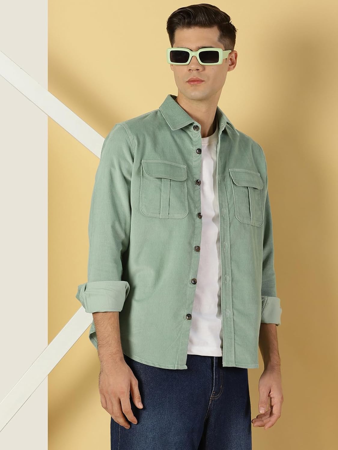 Thomas Scott Men's Cotton Slim Fit Premium Corduroy Long Sleeve | Double Pocket | Spread Collar |Casual Shirt