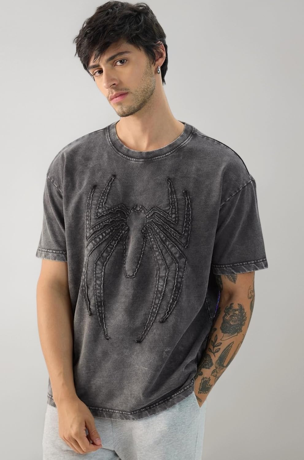 The Souled Store Official Spider-Man: Midnight Men and Boys Short Sleeve Round Neck Grey Textured Cotton Oversized T-Shirts