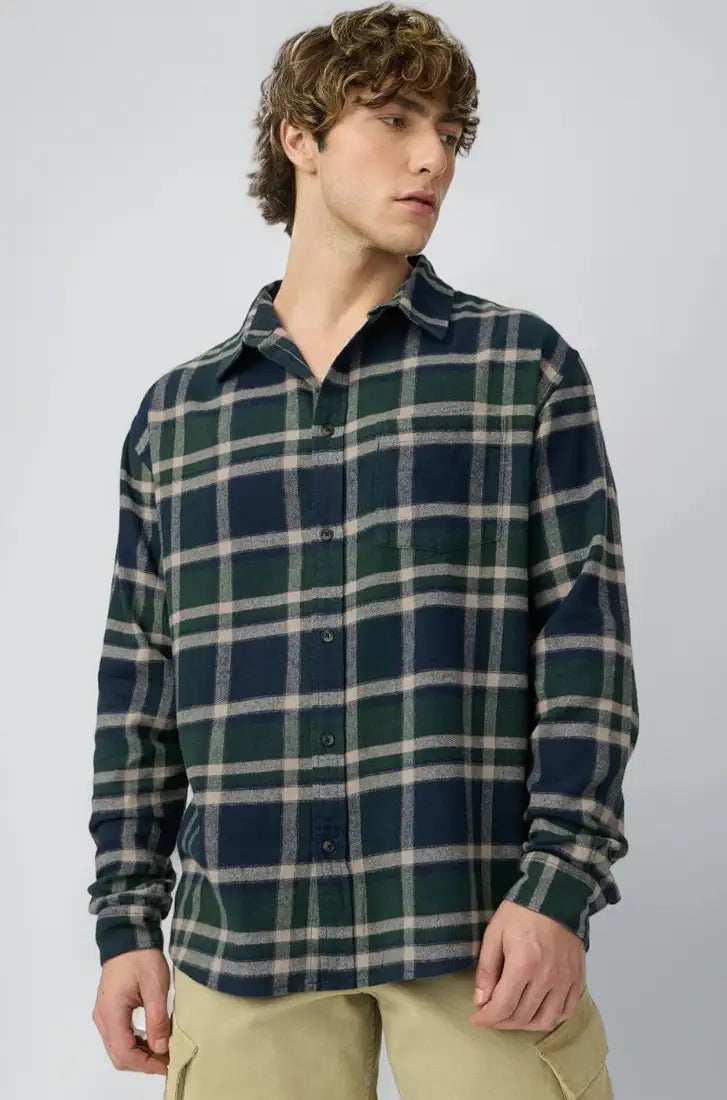 The Souled Store Plaid Shirt: Emerald Men and Boys Long Sleeves Collared Neck Button Front Cotton Relaxed Shirts