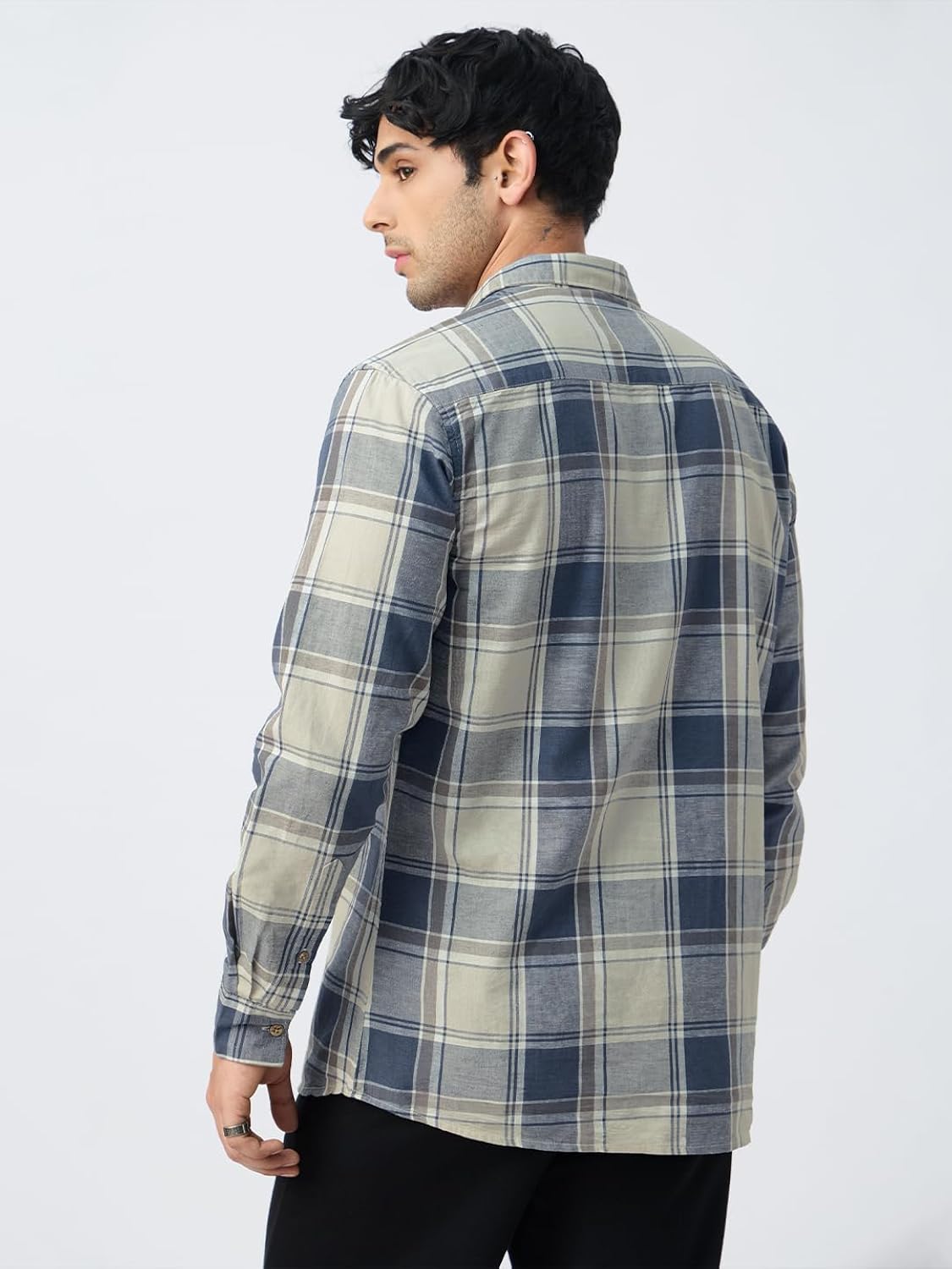 The Souled Store Cotton-Linen Shirts: Blue Topaz Men and Boys Long Sleeve Collared Neck Button Front Blue Plaid Regular Fit Cotton Linen Shirts