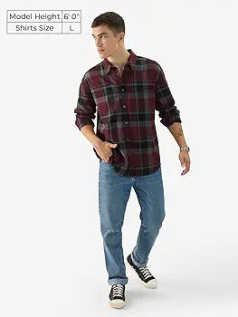 The Souled Store Plaid: Red, Grey Men and Boys Long Sleeve Collared Neck Button Down Cotton Relaxed Fit Shirts
