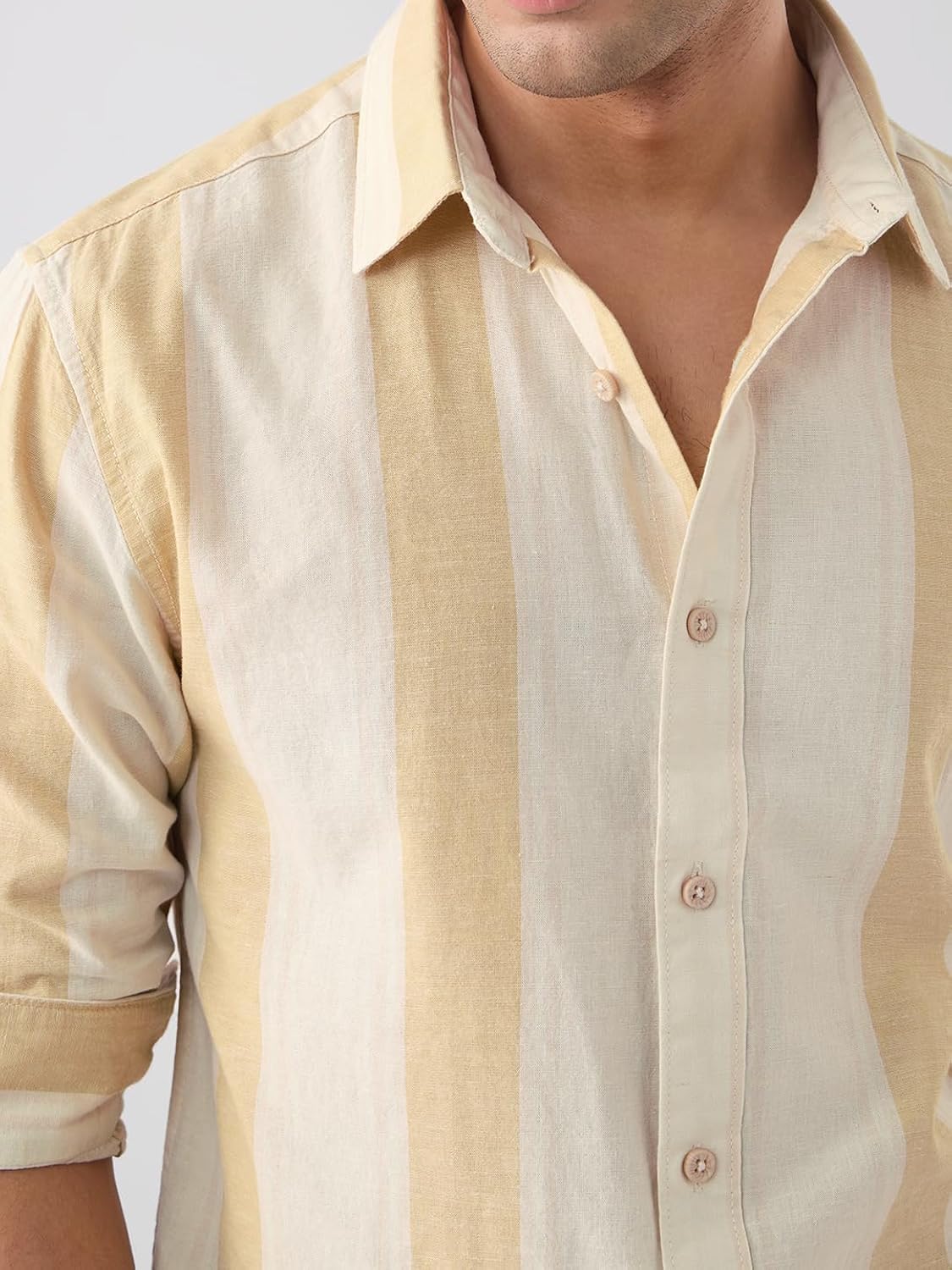 The Souled Store Cotton Linen Stripes: Sunset Men and Boys Long Sleeve Spread Collar Button Front Beige Striped Regular Fit Cotton Linen Shirts