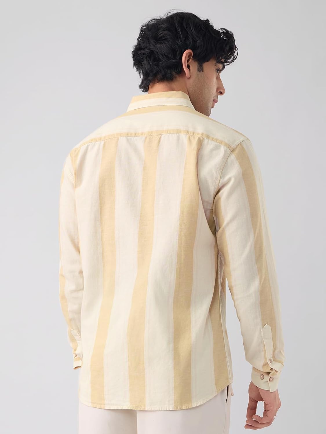 The Souled Store Cotton Linen Stripes: Sunset Men and Boys Long Sleeve Spread Collar Button Front Beige Striped Regular Fit Cotton Linen Shirts