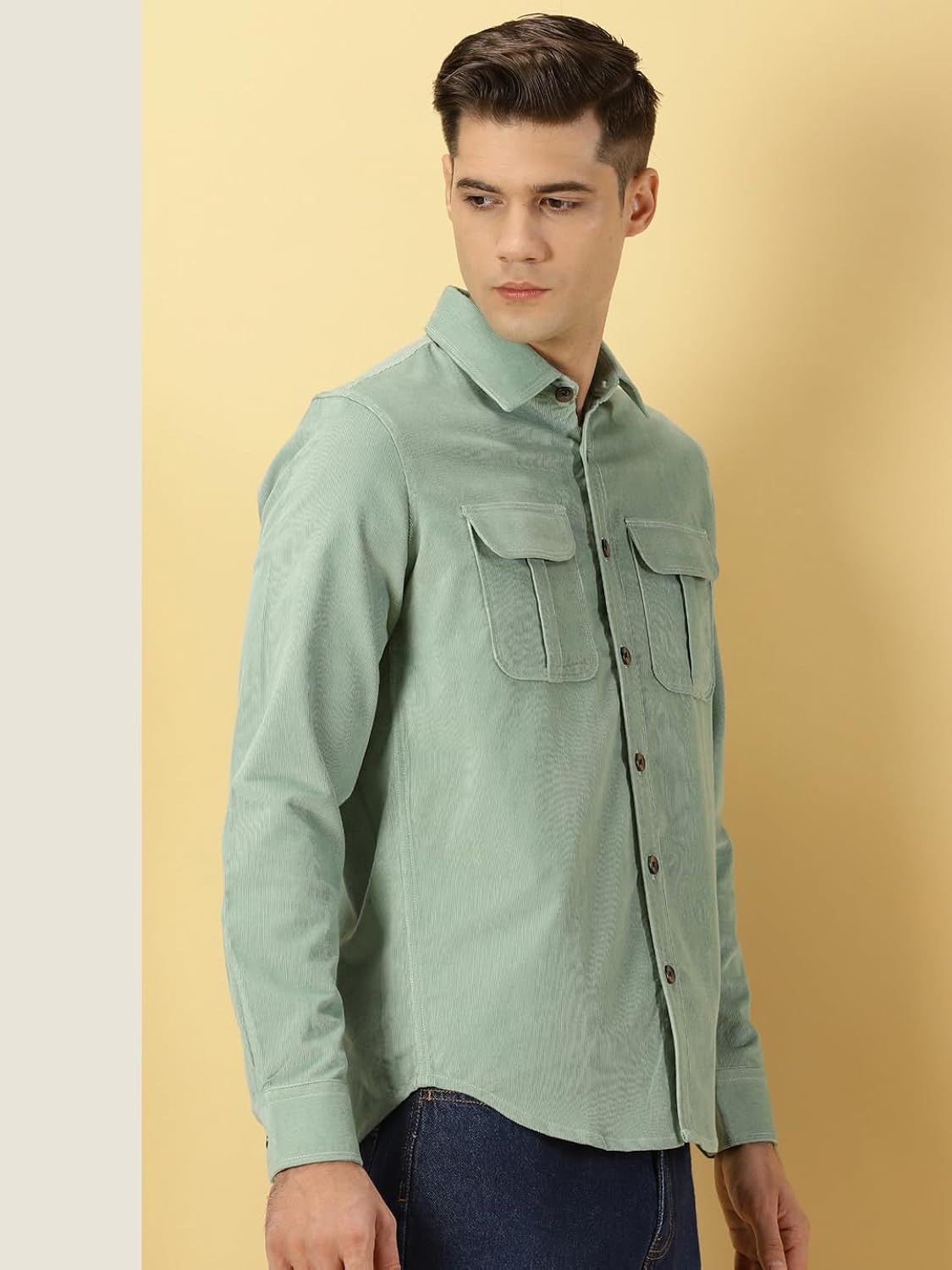 Thomas Scott Men's Cotton Slim Fit Premium Corduroy Long Sleeve | Double Pocket | Spread Collar |Casual Shirt