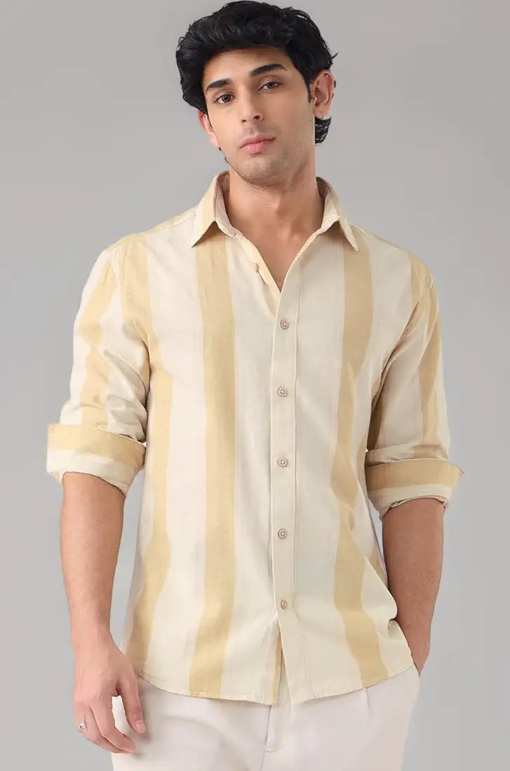 The Souled Store Cotton Linen Stripes: Sunset Men and Boys Long Sleeve Spread Collar Button Front Beige Striped Regular Fit Cotton Linen Shirts
